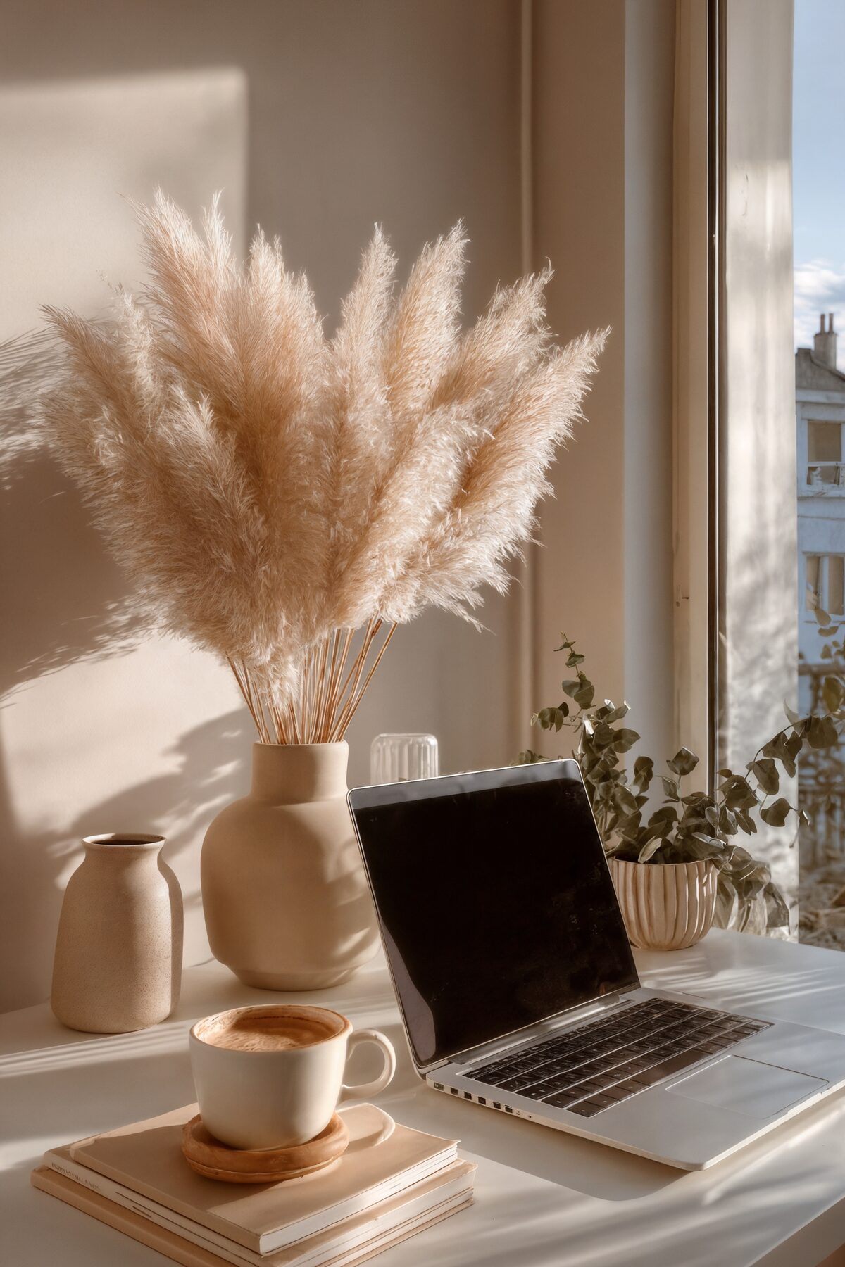 Pampasgras in einer Vase, eine Tasse Kaffee und ein Laptop im warmen Fensterlicht